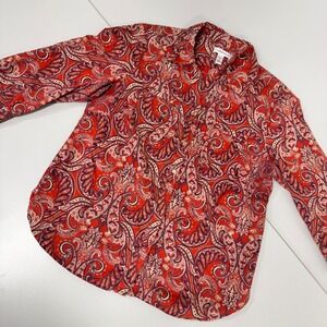 Croft & Barrow Button Down Shirt Womens Petite M Red Paisley EUC Long Sleeve